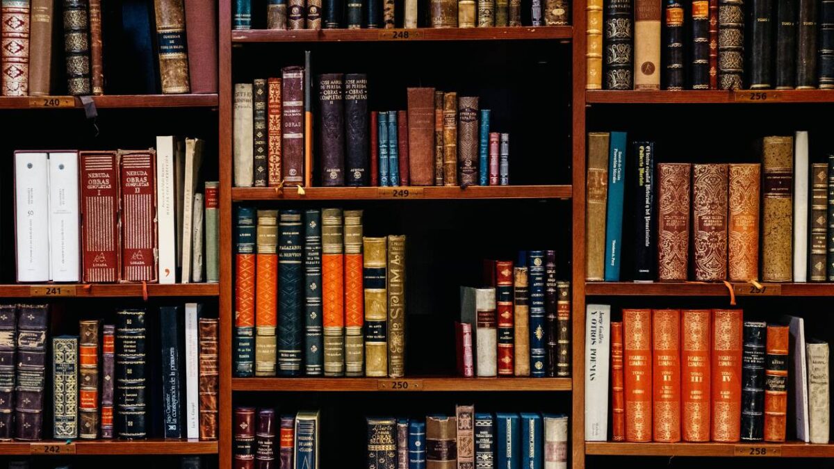 A large bookshelf with dozens of law books