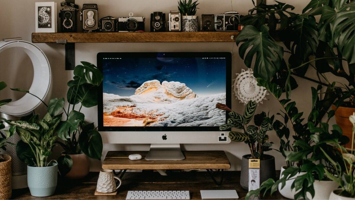 An apple workstation surrounded by lush greenery 