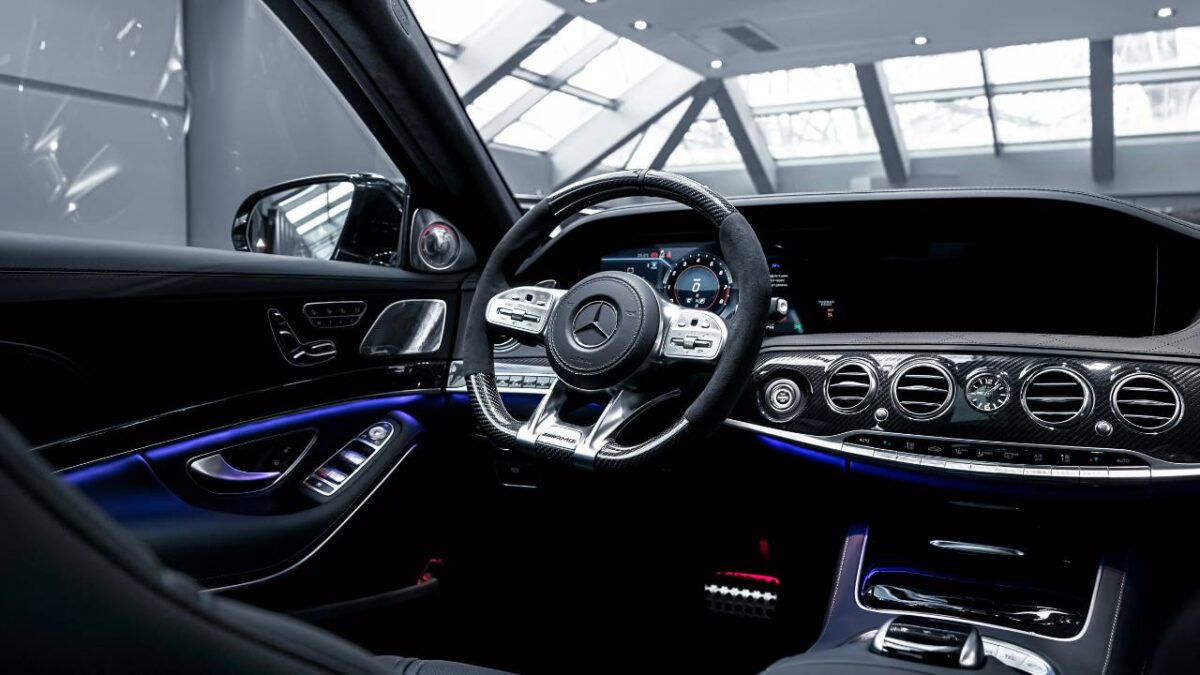 A photo of the interior of a modern Mercedes automobile