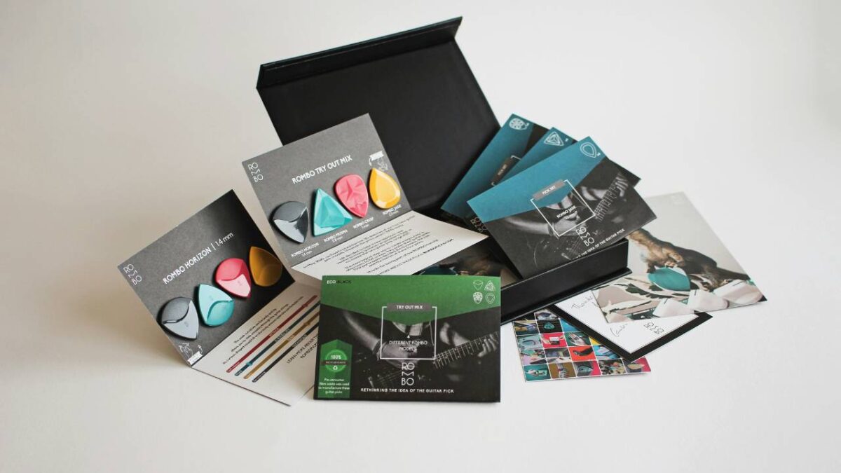 A collection of promotional material for colourful guitar picks