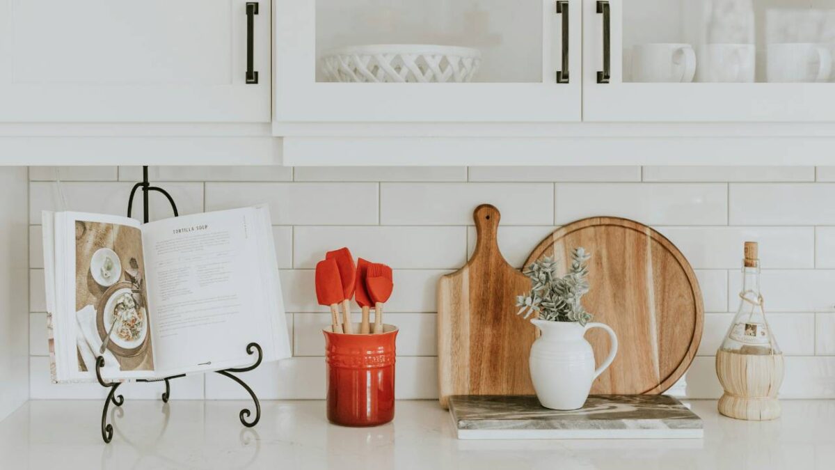 Various items placed on a kitchen countertop 