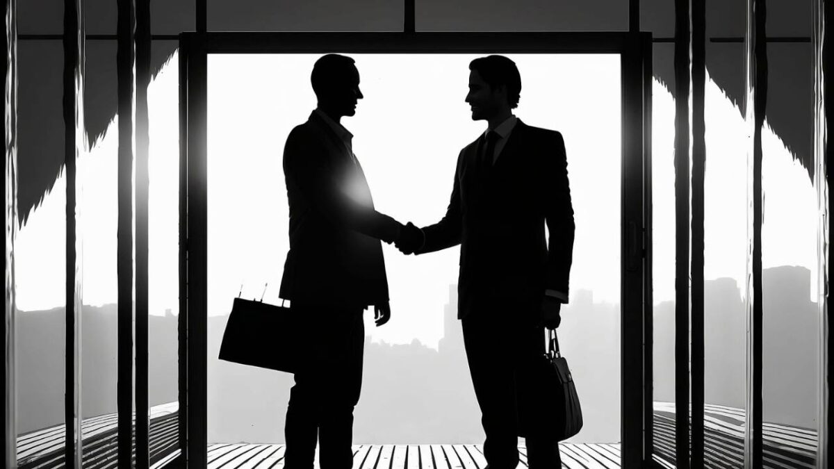 A black and white photo of two businessmen having a handshake 