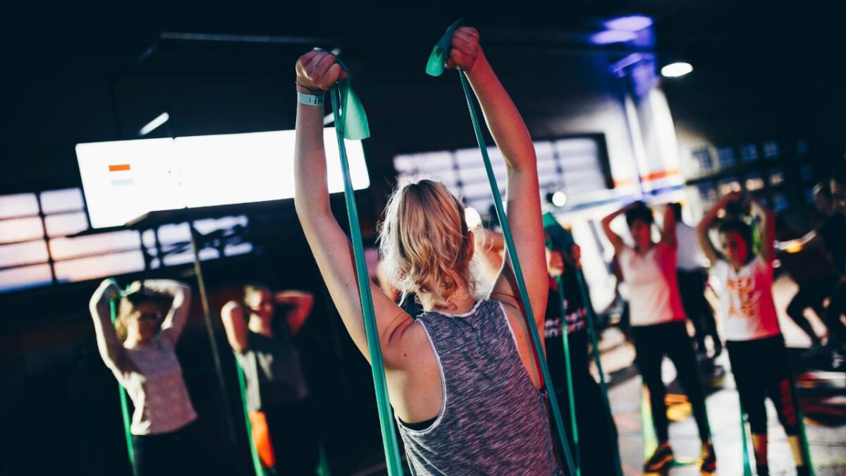 Several female employees working out together 