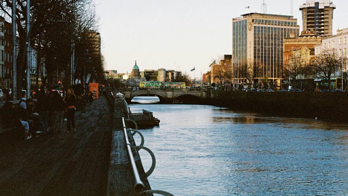A photo of a river flowing through Dublin, Ireland