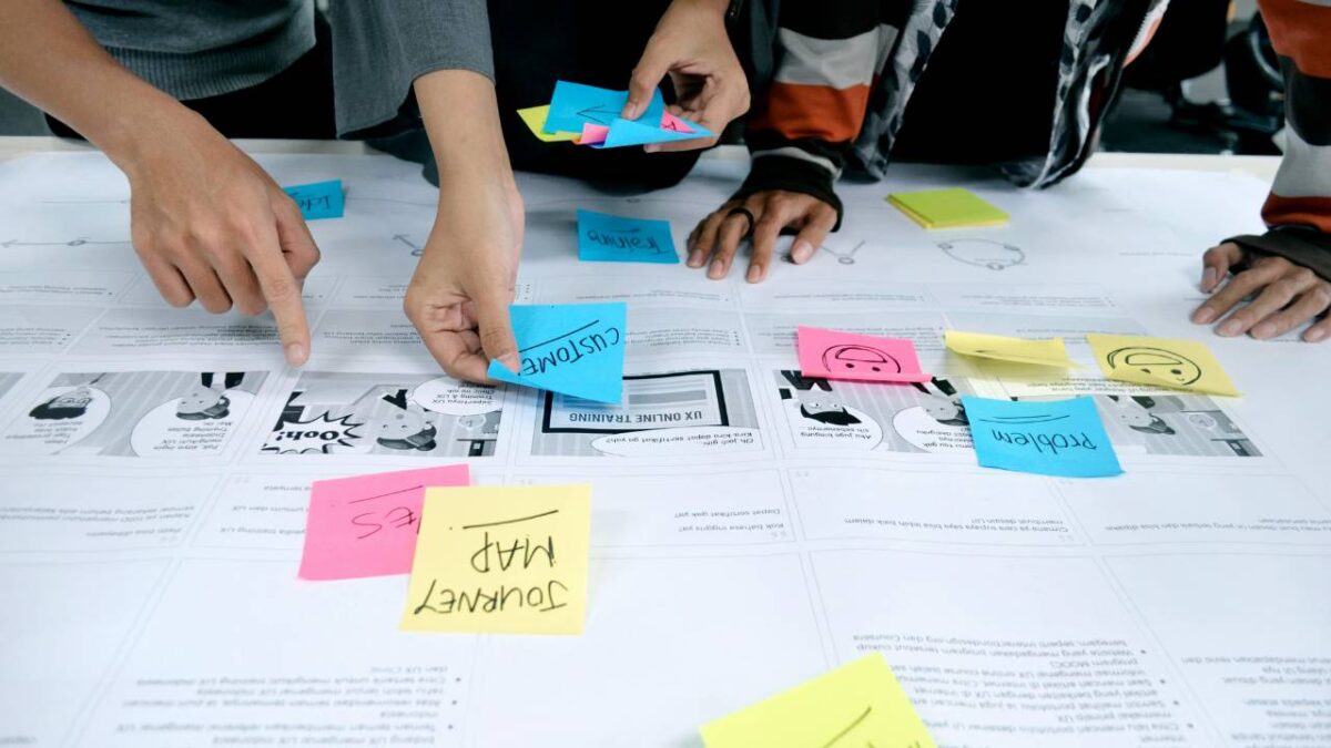 Employees creating a risk management plan together by using sticky notes